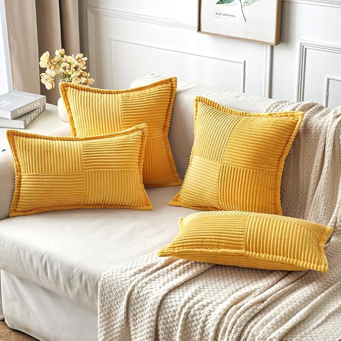 MIULEE Golden Yellow Corduroy Pillow Covers 20x20 Inch with Splicing Set of 2 Soft Boho Striped Pillow Covers Broadside Decorative Textured Summer Pillowcases for Couch Cushion Bed Livingroom