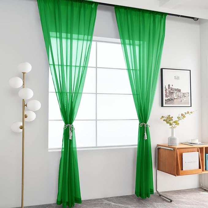 youleyar Solid Sheer Rod Pocket Curtain Voile Draperies 2 Panels White Beige Black Ivory Coffee 26 Inch Width 30 Inch Long 1 Pair for Kitchen Bedroom Children Living Room Yard(Green,26W x 30L)