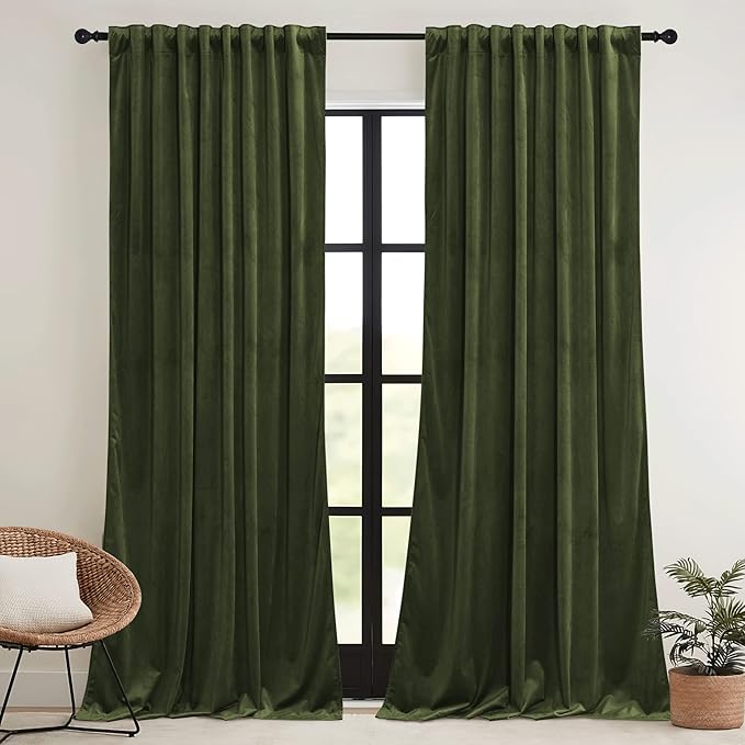 RYB HOME Green Velvet Curtains 102 inches with Hook Belt, Soft Fabric Room Darkening Thermal Insulated Luxurious Home Decor Curtains for Living Room Bedroom, W 52" x L 102", 2 Panels Set