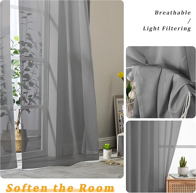 Gwine Charcoal Grey Sheer Curtain Tiers 24 Inch Length, Light Filtering Voile Short Curtain for Living Room Bedroom, Rod Pocket Cafe Curtains for Small Windows 42x24 Inch, 2PCS