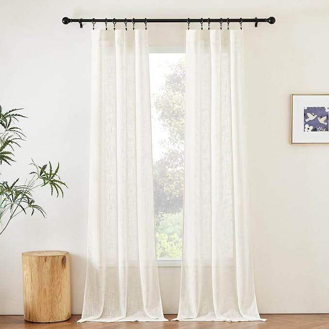 NICETOW Semi Sheer Linen Curtains for Living Room, Rod Pocket & Back Tab Window Treatments Faux Linen Blend Privacy with Light Filtering Drapes for Bedroom, Natural, 2 Panels, W34 x L90