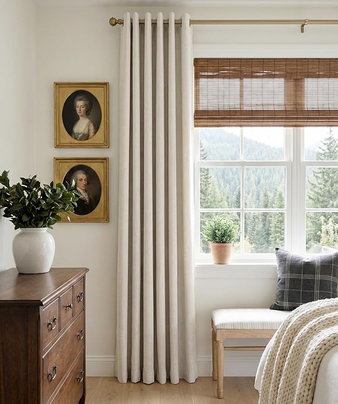 100% Blackout Shield Linen Blackout Curtains for Bedroom, Beige Grommet Curtains for Living Room, Thermal Insulated Room Darkening Drapes for Nursery, Boho Home Decor, 50" W x 108" L, 2 Panels