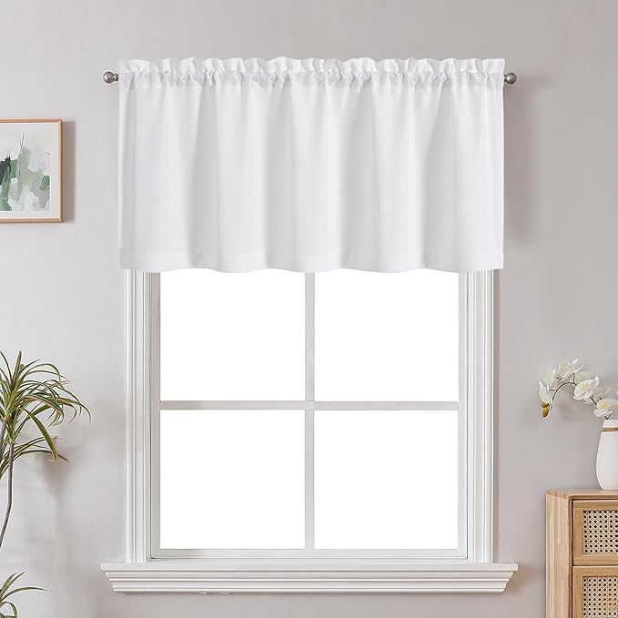 Chyhomenyc White Short Curtain Valance for Windows, Faux Linen Textured Half Window Curtains, Burlap Solid Topper Small Curtain Valance for Bathroom Laundry Basement, 60Wx24L Inch, 1 Piece