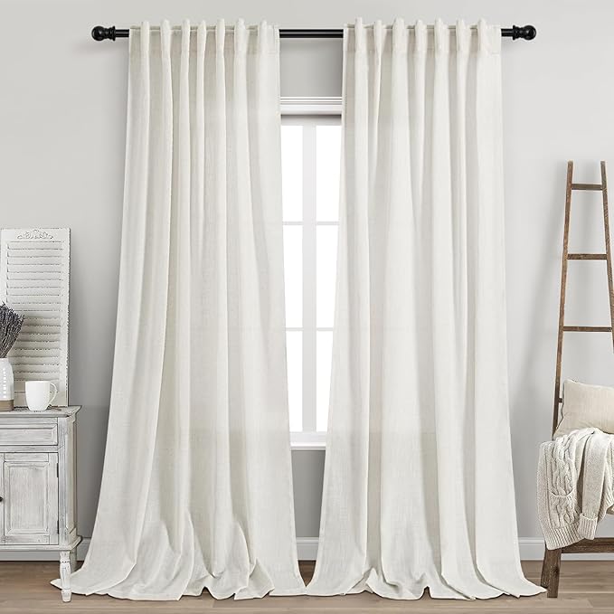 Beige White Linen Curtains 108 Inches Long for Living Room Bedroom 2 Panels Set Extra Long Back Tab Curtain Light Filtering Semi Sheer Drapes Floor to Ceiling Curtains for Large Windows 52x108