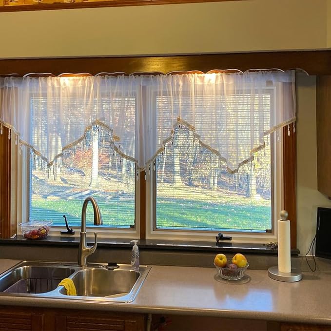 Molaxhome Swag Curtain 51 inch Length Rod Pocket Scalloped Curtain Valance Sheer Lace Panels with Hanging Crystal Beads for Kitchen Bedroom Window Treatments Drape Decor 1pc (White, 51Wx23L)
