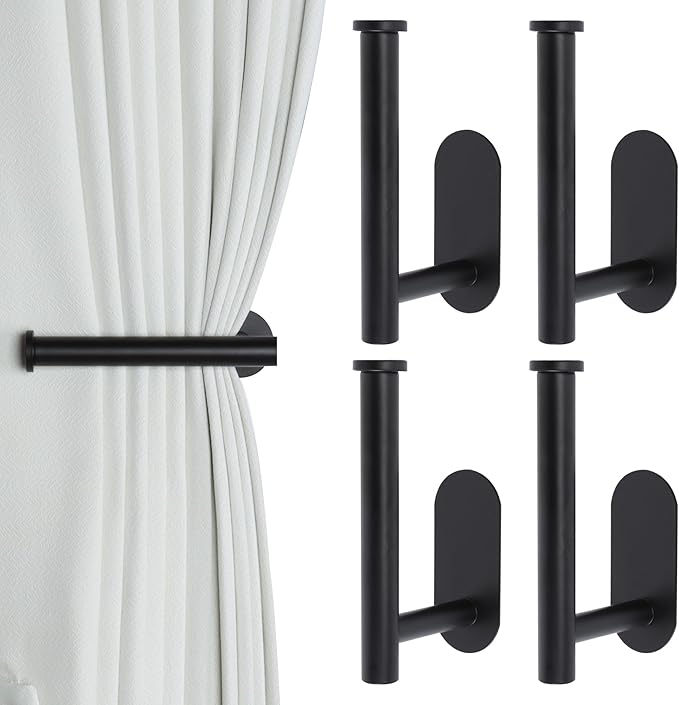 Groleca Adhesive Curtain Holdbacks - 4 Pack No Drill Tie Backs Hooks for Drapes, Damage-Free Wall Mounted Curtain Holders with Strong Adhesive (Black)