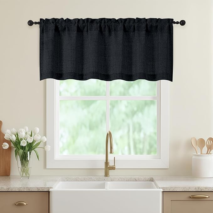 Black Valances for Windows, Light Filtering Faux Linen Textured Small Short Valance Curtains for Bathroom Basement Farmhouse, Rod Pocket Top Half Curtains for Windows, 60Wx20L Inch
