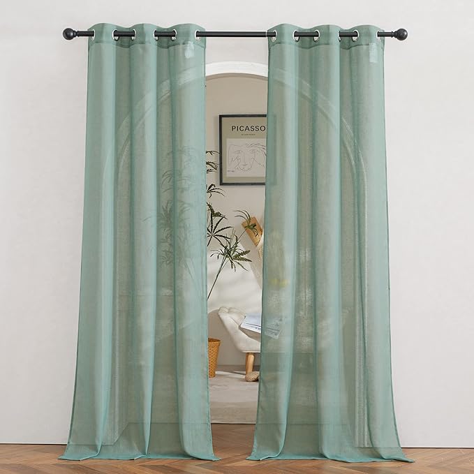 NICETOWN Linen Sheer Curtains Flax Textured for Living Room, Grommet Semi Sheer Vertical Drapes Privacy with Light Filter for Home Office/Farm House, W36 x L84, Olive Green, 1 Pair