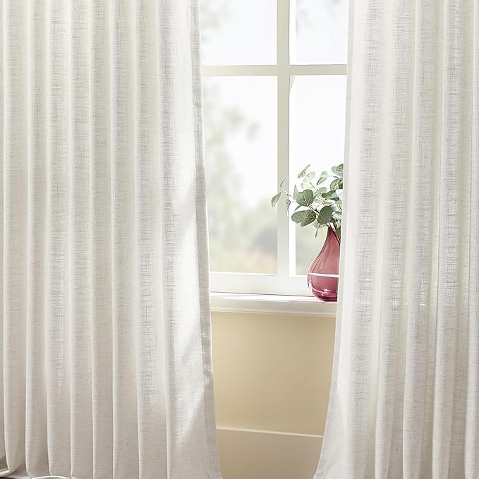 Pinch Pleated Linen Curtains 90 Inches Long 2 Panels for Living Room, Light Filtering Semi Sheer Curtain Pleated Back Tab Memory Trained Drapes with Hooks Rings for Bedroom, 40x90, Beige White