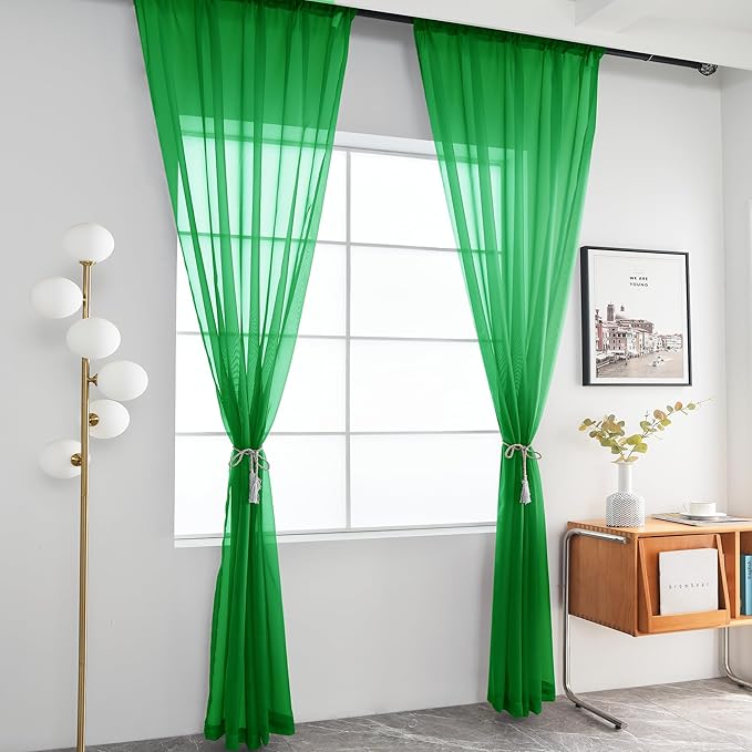 youleyar Solid Sheer Rod Pocket Curtain Voile Draperies 2 Panels White Beige Black Grey Coffee 52 Inch Width 72 Inch Long 1 Pair for Kitchen Bedroom Children Living Room Yard (Green,52Wｘ72L)