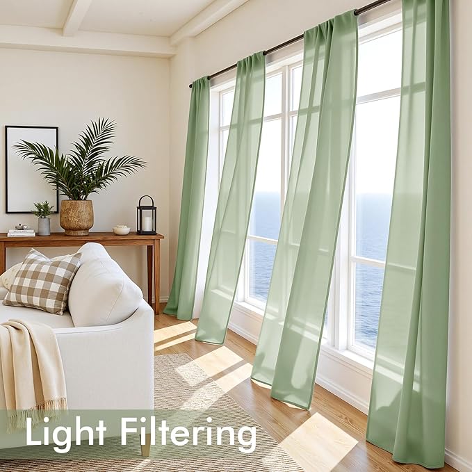 MIULEE Sage Green Sheer Curtains 84 Inches Long, 4 Panels Set, Light Filtering Rod Pocket Voile Drapes Window Treatments, Semi Transparent Airy Fabric for Bedroom and Living Room, 54 x 84 Inches