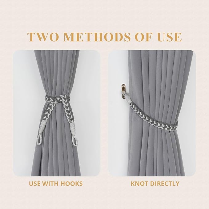 NICEEC 2 Pack Natural Cotton Rope Curtain Tiebacks Elegant Boho Style Decorative Drape Tie Backs Soft Hand-Woven Rope Curtain Holdbacks with Metal Hook for Home & Office Drapery (Gradient Grey)