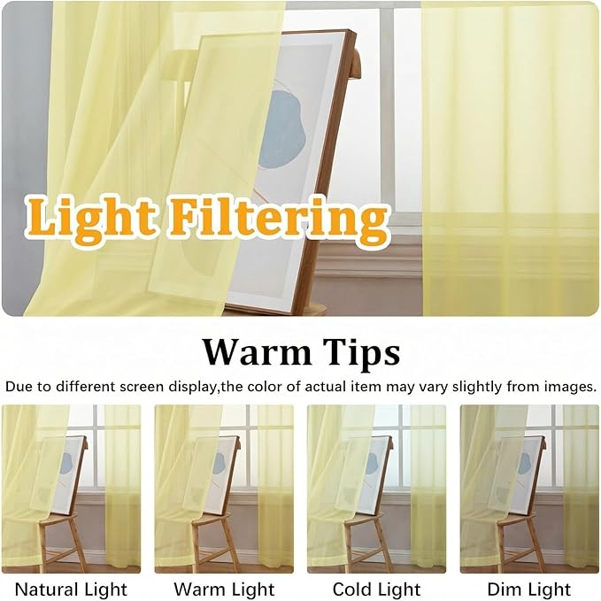 Gwine Light Yellow Sheer Curtains 72 Inches Long 2 Panels Set, Light Filtering Sheer Curtains for Living Room, Rod Pocket Window Treatments Drapes, Each 42Wx72L