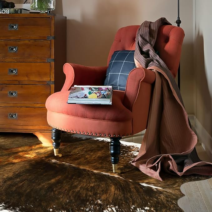 AROGAN Faux Cow Print Rug Large (6ft x 7ft) - Cow Print Area Rug with No-Slip Backing, Large Animal Skin Rugs for Living Room, Offfice, Room Decor, Saddle Brown