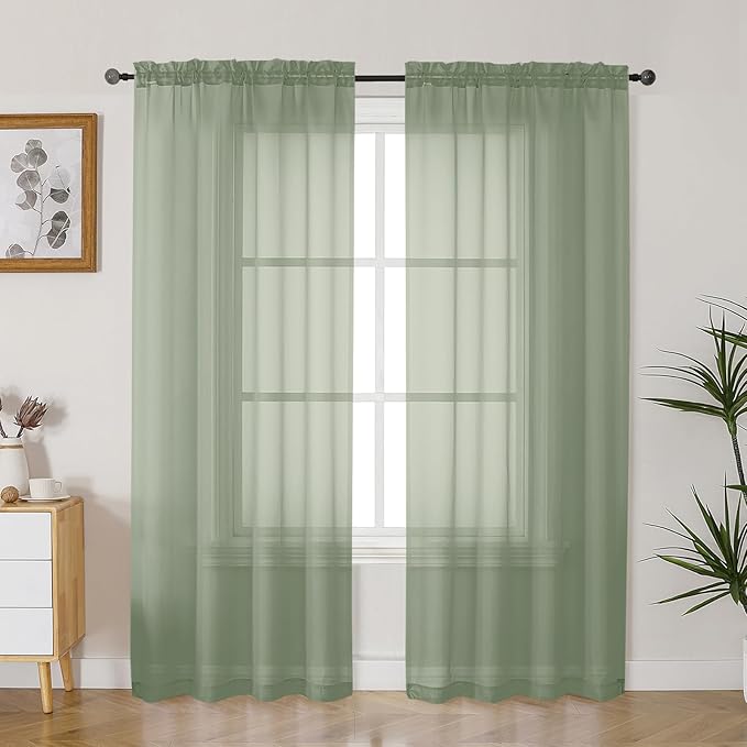Gwine Sage Green Sheer Curtains 72 Inches Long 2 Panels Set for Front Door, Light Filtering Sheer Curtains for Living Room, Rod Pocket Window Treatments Drapes, Each 42" Wx72 L