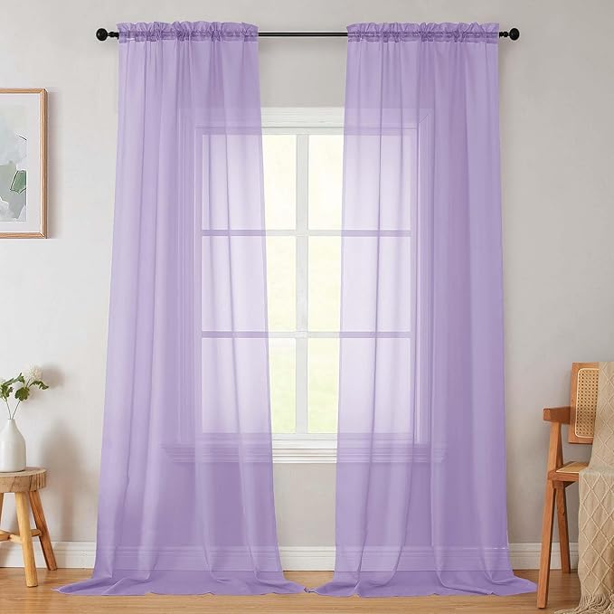 Lavender Sheer Curtains for Bedroom Living Room 96 Inches Long 2 Panels, Modern Airy Soft Lightweight Rod Pocket Light Filtering Sheer Curtains Drapes, Lavender, Each 42" Wx96 L Inch