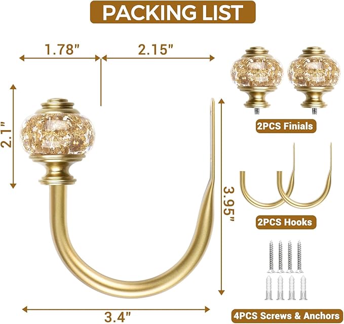 2 Pack Curtain Holdbacks, USFOOK Decorative Window Drapery Tiebacks (2 Pack/1 Pair), Curtain Tie Back Hooks for Wall with Gold Translucent Finials (3.95" L x 3.4" W)