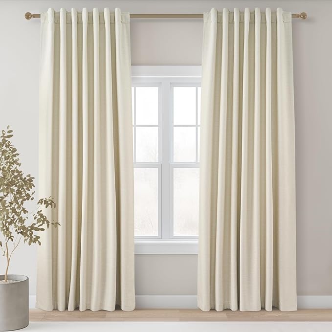 Topfinel Cream White 100% Blackout Curtains 72 Inches Long 2 Panels for Bedroom Natural Linen Heavy Insulated Bay Window Curtains Modern Neutral Drapes for Bedroom Small Window Treatment (W52 x L72)
