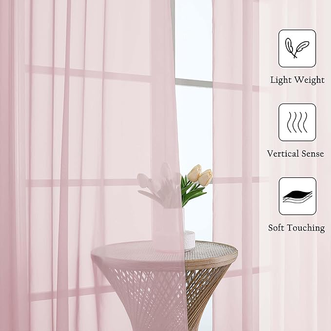 Lecloud Blush Pink Sheer Curtains for Bedroom 90 Inches Long 2 Pcs, Rod Pockets Window Curtains for Living Room Dining Room, Modern Farmhouse Decor Light Filtering Drapes, Each Panel 59" W x 90" L