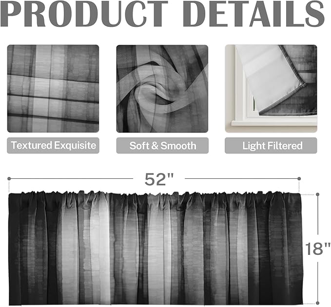 Emvency 2 Pack Dark Grey Valances Window Treatments, Gray Striped Abstract Blackout Drapes Adjustable Curtain for Windows Living Room Kitchen Over Sink, 52x18 Inch Rod Pocket Valances