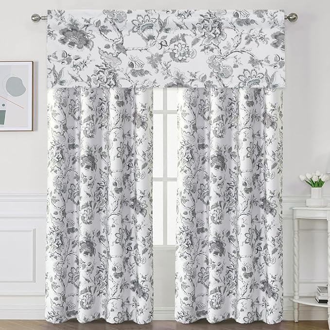 H.VERSAILTEX Blackout Curtain Valances for Kitchen Window/Living Room/Bathroom Privacy Added Rod Pocket Home Decoration Winow Valance, 52" W x 18" L, Floral in Antique Green (Pack of 4)