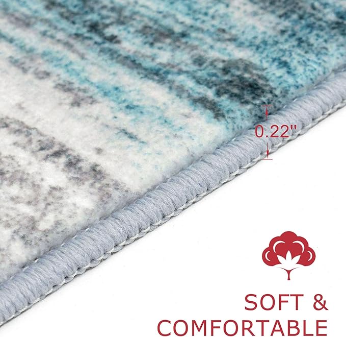 KOZYFLY Area Rug 8x10 Modern Living Room Rug, Washable Large Thin Rugs Non-Slip Soft Striped Rug for Bedroom, Print Blue Abstract Carpet for Laundry/Kid Room