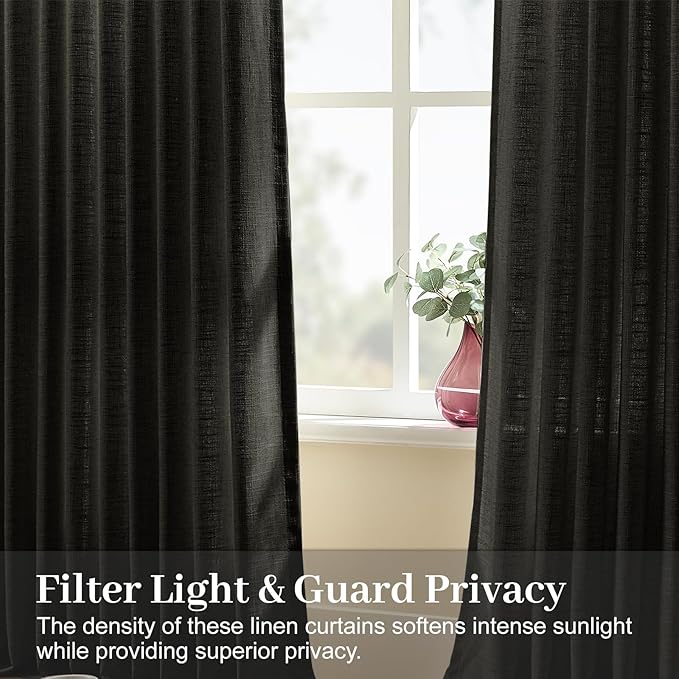 IVAPUPU Pinch Pleated Curtains 90 Inches Long, Light Filtering Thick Linen Textured Curtain Memory Trained Back Tab Window Drapes with Hooks Rings for Bedroom Living Room, 2 Panels, Black, 40x90
