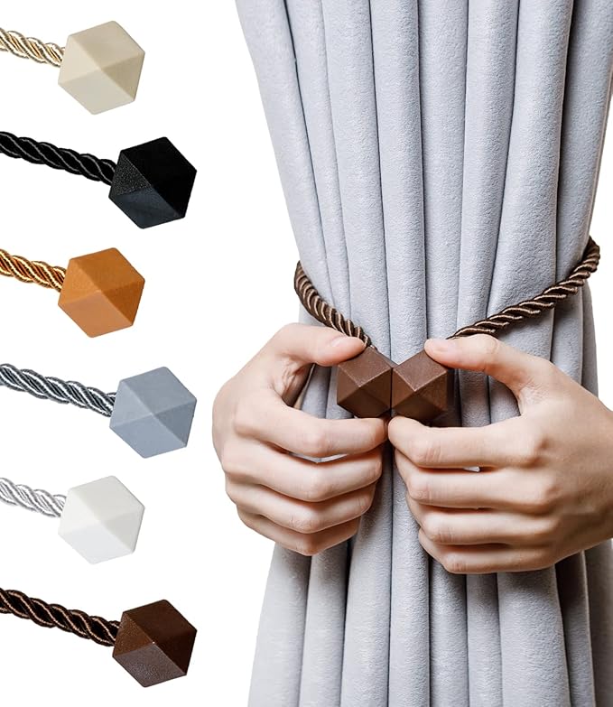 NazTur Magnetic Curtain Tiebacks- Upgrade 2022 with a Thicker Twist Rope & Strong Magnet Tieback Window Treatment Holdbacks Draperies Holders Decorative Drape Handmade Tie Back (Coffee Dark, 4)