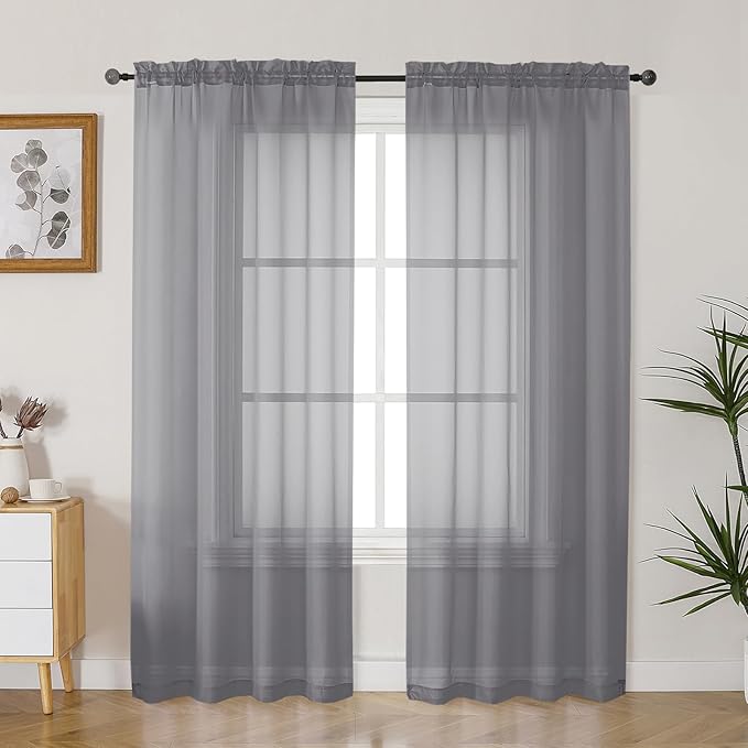 Gwine Charcoal Grey Sheer Curtains 63 Inch Length for Living Room 2 Panels, Light Filtering Rod Pocket Window Curtain Treatment for Bedroom, Voile Elegant Sheer Drapes，Each 42" Wx63 L, Charcoal Grey