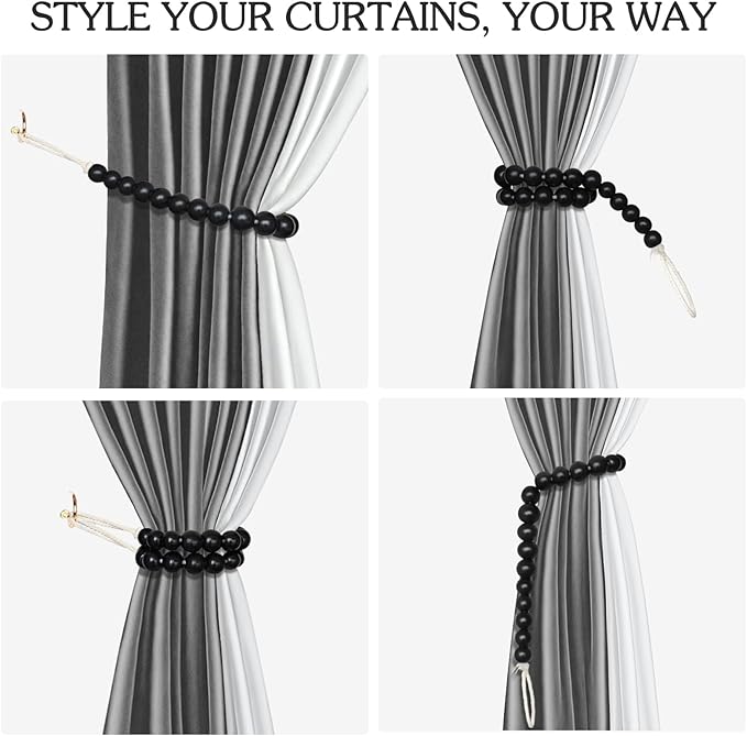 Hion 2 Pcs Boho Curtain Tiebacks,Wood Beads Curtain Holdbacks,Outdoor Farmhouse Tie Backs for Curtains,Curtain Holders for Drapes Home Office Room Decor with Hooks(Black)
