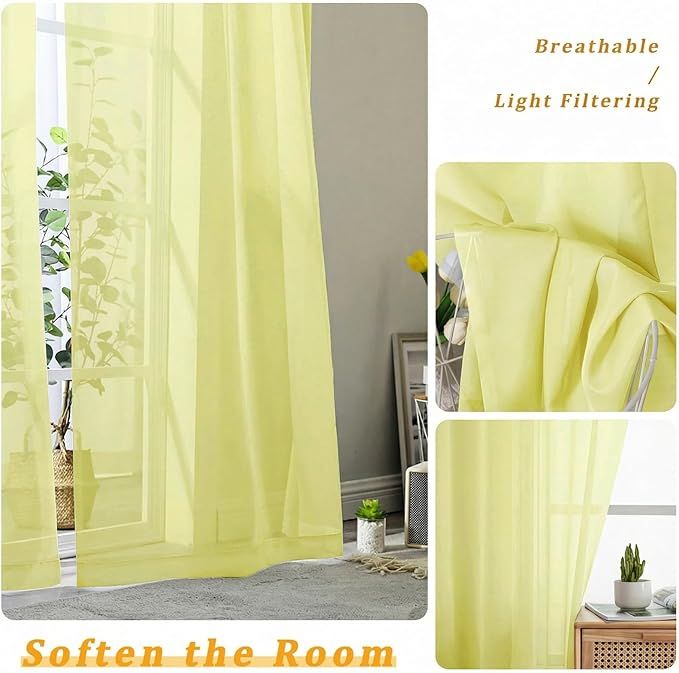 Gwine Sheer Curtains for Living Room 45 inch Length - Light Filtering Voile Window Curtain Panels for Bedroom, Soft Rod Pocket Sheer Curtain Drapes, Each 42Wx45L, 2 Panels, Lemon