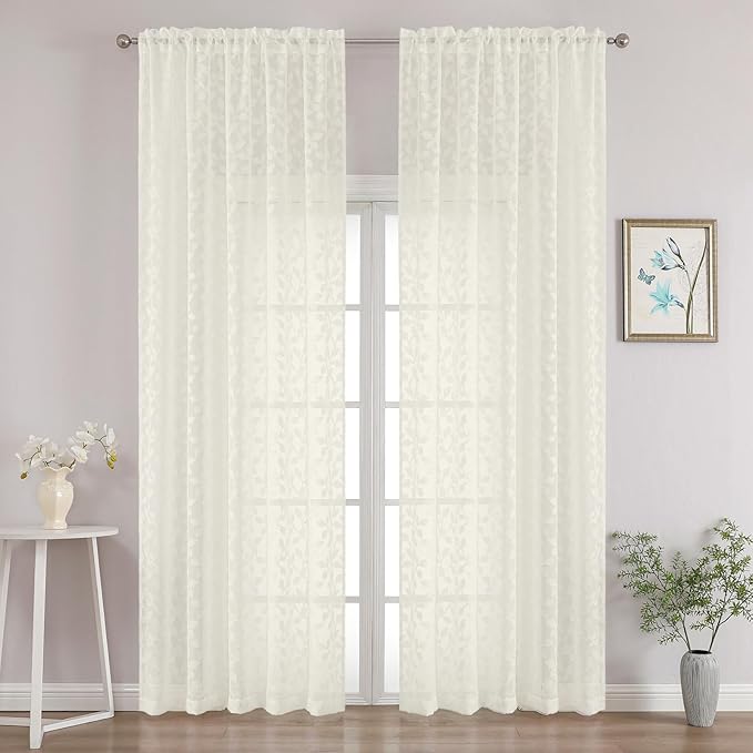 Chyhomenyc Ivory Sheer Curtains 96 Inch Length 2 Panels Set, Light Filtering Tufted Textured Soft Airy Rod Pocket Gentle Leaf Window Treatment Drapes for Bedroom Living Room, 52" Wx96 L, 2PCS