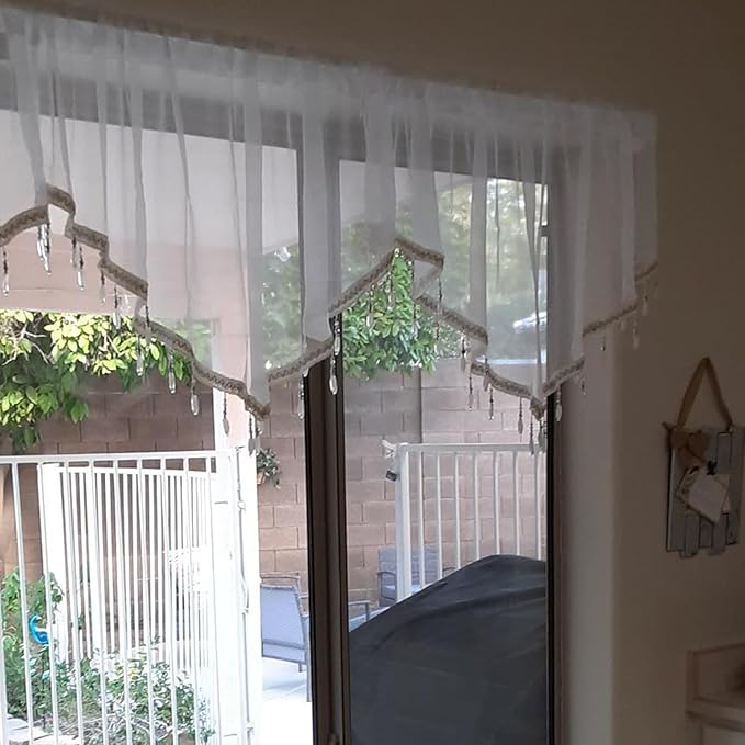 Molaxhome Swag Curtain 51 inch Length Rod Pocket Scalloped Curtain Valance Sheer Lace Panels with Hanging Crystal Beads for Kitchen Bedroom Window Treatments Drape Decor 1pc (White, 51Wx23L)