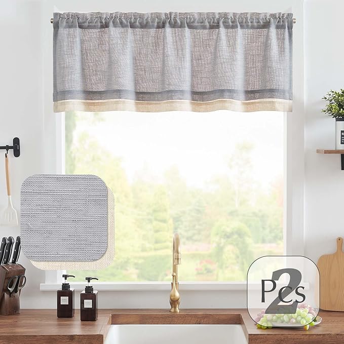 jinchan Linen Farmhouse Valances for Living Room Windows 16 Gray Inch Slubbed Crossed Double Layer Window Valances Light Filtering Rustic Country Overlay Rod Pocket 2 Panels Grey