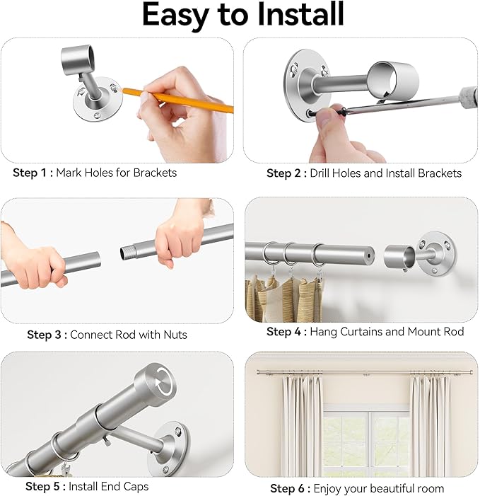 YaFex 2 Pack Heavy Duty Curtain Rods 32-120 Inch, 1 Inch Adjustable Curtain Rod for Windows, Silver Long Window Treatment Rods Set with Aluminium Finials, Modern Design