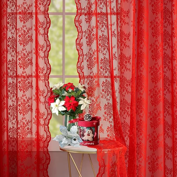 YJ YANJUN Vintage Lace Curtains 84 Inches Long-Victorian Floral Pattern Red Sheer Curtain Panels for Living Room Bedroom,Light Filtering, Xmas Gift for Holiday Decor 2 Panels 52W x 84L
