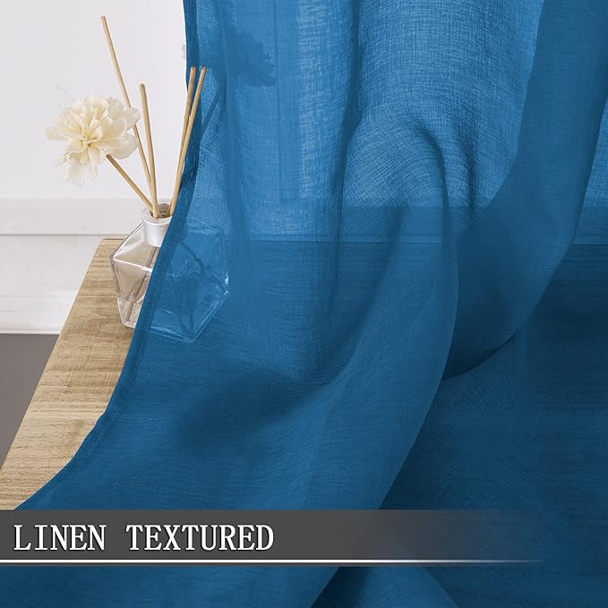 Tollpiz Short Sheer Curtain Linen Textured Bedroom Curtains Sheer Light Filtering Rod Pocket Voile Curtain for Living Room, 54 x 54 inches Long, Classic Blue, Set of 2 Panels