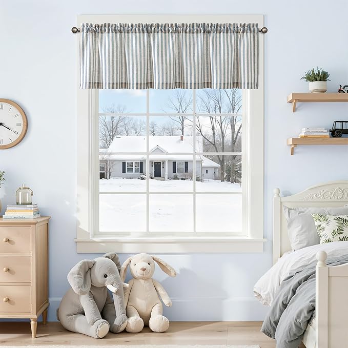 jinchan Valance Curtain Linen Textured Striped Window Curtain for Living Room Light Filtering Farmhouse Valance for Kitchen Rod Pocket 1 Panel 16 Inch Blue on Linen 1 Panel