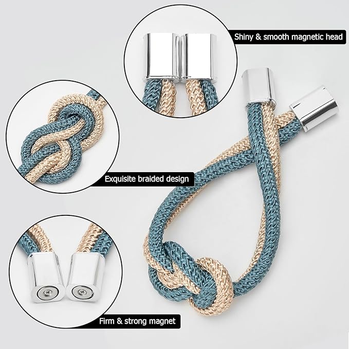 NICEEC 2 Pack Mini Magnetic Curtain Tiebacks Nordic Simple Style Drape Tie Backs Elegant Hand Weave Rope Knot Decorative Curtain Holdbacks for Home & Office Thin Window Drapery (Teal & Beige)