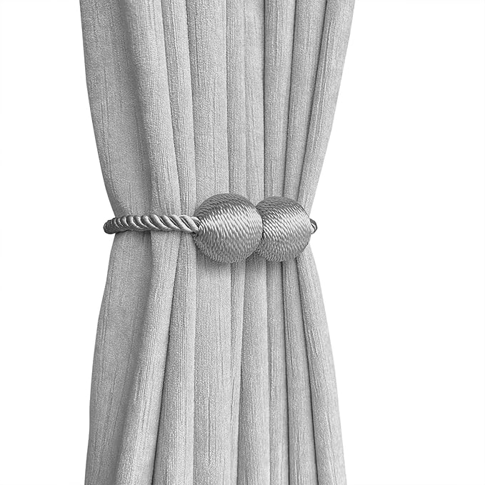 Melaluxe 4 Pack Magnetic Curtain Tiebacks, Decorative Curtain Holdbacks for Window Décor (Grey)