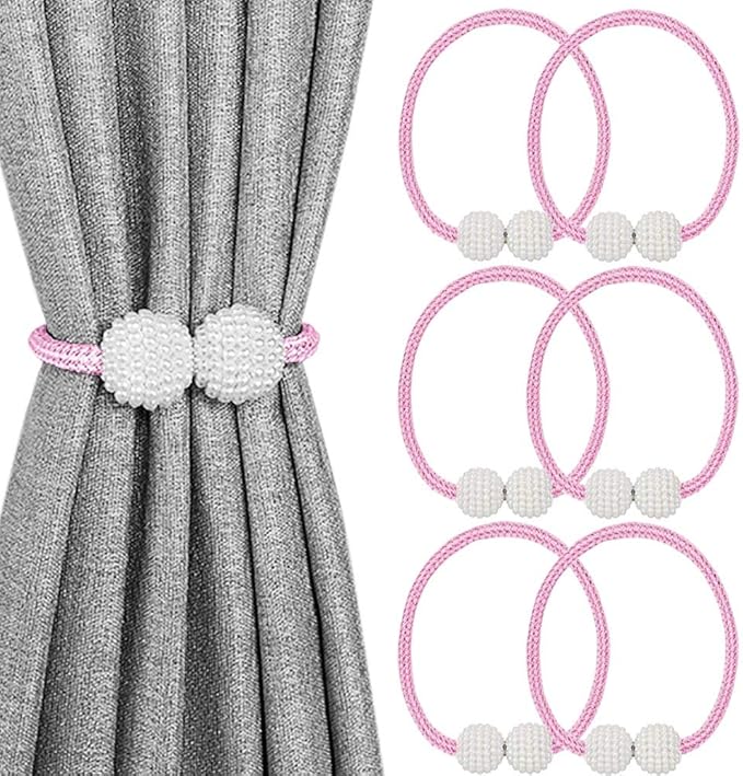 Melaluxe 6 Pack Magnetic Curtain Tiebacks, Decorative Curtain Holdbacks for Window Décor (Pink)