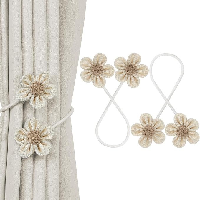 KLOGTSIND Flower Curtain Tiebacks, 2 Pack Curtain Ties Elegant DIY Curtain Holdbacks, Decorative Window Drape Twist Tie Backs for Boho Bedroom Decor, Nursery Decor, Farmhouse Décor
