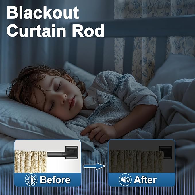 Black Curtain Rods for Windows 66-184 Inch(5.5-15.3ft) Heavy Duty Wrap Around Blackout Curtain Rods, Extra Long Adjustable Room Darkening Drapery Rod for Bedroom, Living Room & Outdoor Patio