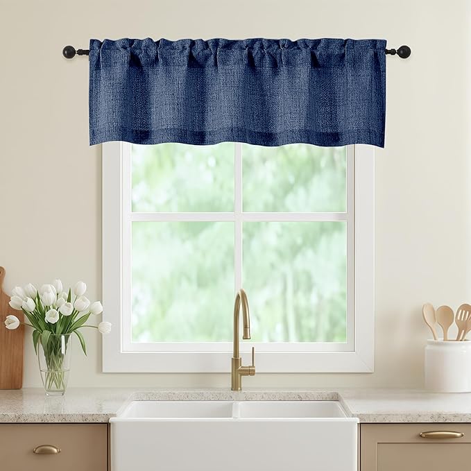 Valances for Windows, Light Filtering Faux Linen Textured Small Short Window Curtain for Bathroom Basement Farmhouse, Rod Pocket Top Half Curtains for Windows, Navy Blue 52Wx14L Inch