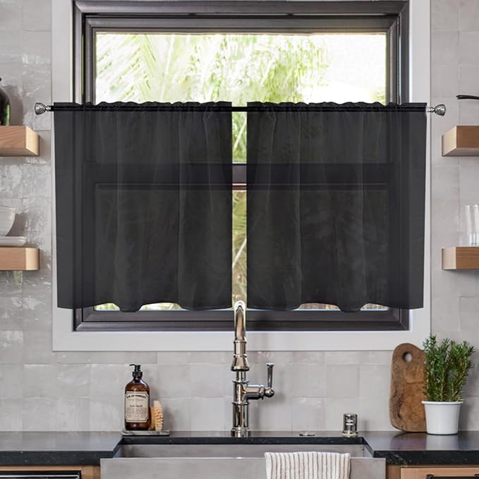 youleyar Solid Sheer Rod Pocket Curtain Voile Draperies 2 Panels White Beige Black Ivory Coffee 26 Inch Width 40 Inch Long 1 Pair for Kitchen Bedroom Children Living Room Yard(Black,26Wｘ40L)