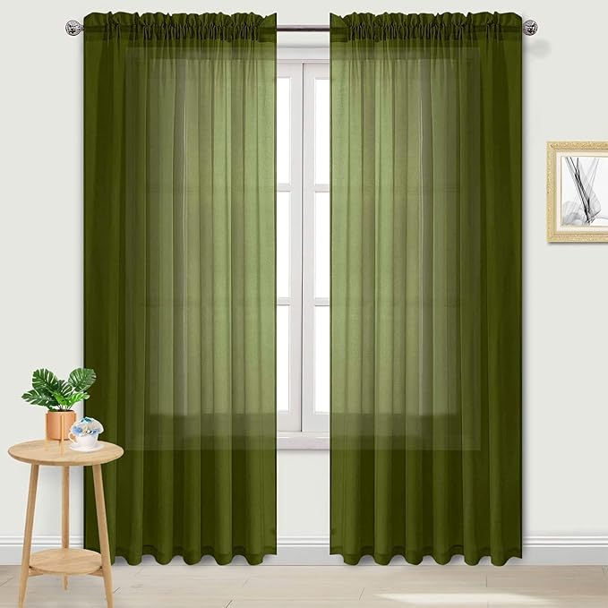 DWCN Olive Green Sheer Curtains Semi Transparent Voile Rod Pocket Curtains for Bedroom and Living Room, 70 x 84 inches Long, Set of 2 Panels