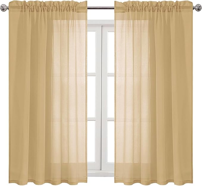 DWCN Taupe Sheer Curtains Semi Transparent Voile Rod Pocket Curtains for Bedroom and Living Room, 52 x 45 inches Long, Set of 2 Panels