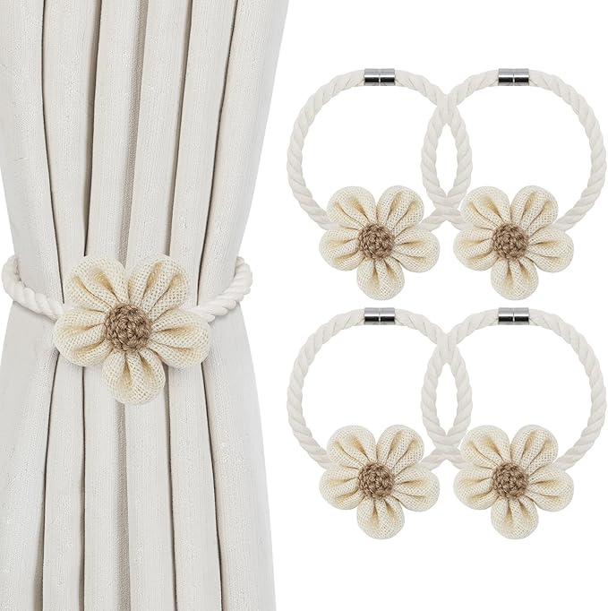 KLOGTSIND Magnetic Curtain Tiebacks, 4 Pack Flower Curtain Holdbacks for Draperies, Elegant Curtain Tie Backs for Boho Bedroom Decor, Toddler Girl Room Decor, Baby Nursery Decor