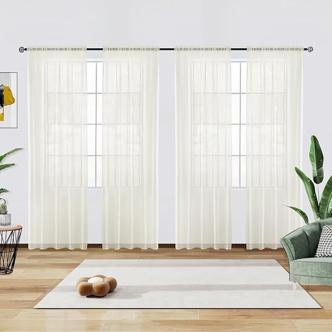 youleyar Solid Sheer Rod Pocket Curtain Voile Draperies 4 Panels Ivory Beige Black Grey Coffee 52 Inch Width 90 Inch Long 1 Pair for Kitchen Bedroom Children Living Room Yard(Ivory,52Wｘ90L)