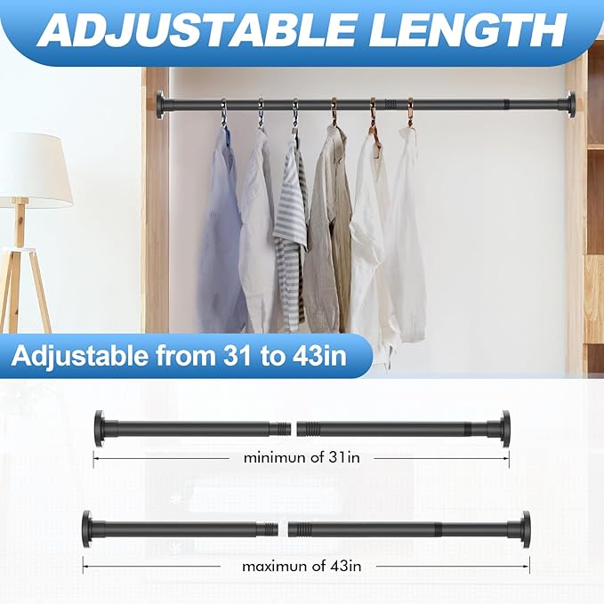 CorkLatta Black Shower Curtain Rod 32 to 43 Inch,1 Inch Diameter Adjustable Spring Tension Stainless Steel Telescoping Rod,Easy Install,No Rust